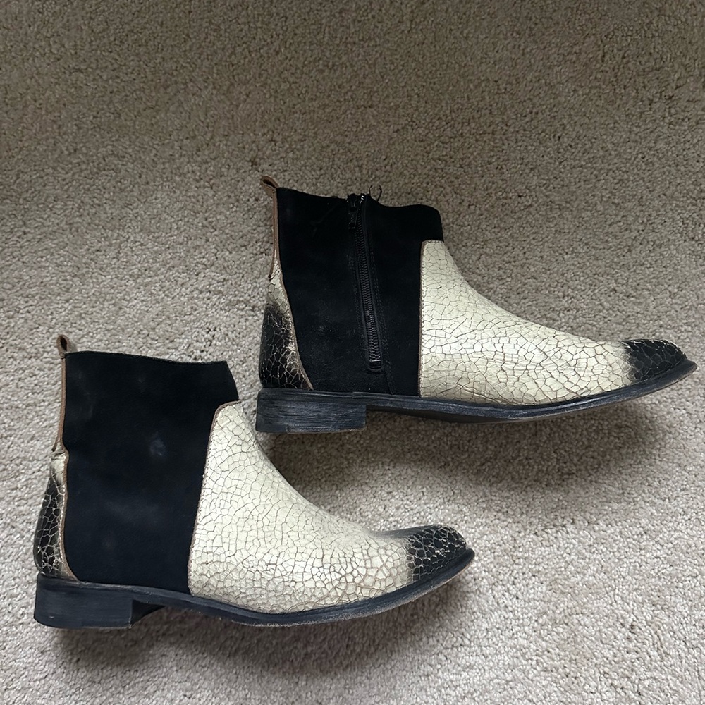 Free People Black and Cream Two-Tone Crackle Ankle Boots
